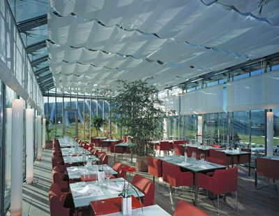 Roman Blind Systems, SG 2120, Colorama 1, Room shot "Paul Klee Zentrum - Restaurant Schöngrün", Berne, Switzerland